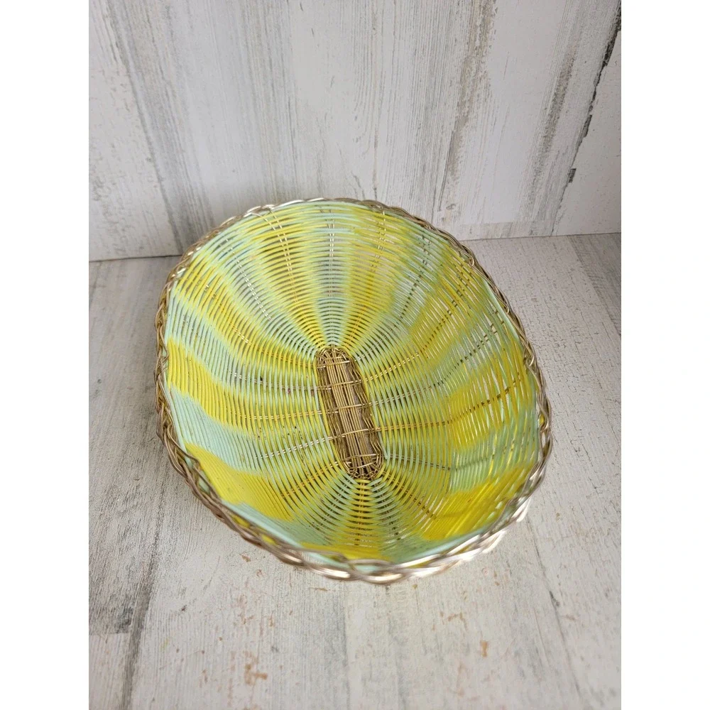 Small Easter yellow‎ green wicker basket spring metal rimmed home decor